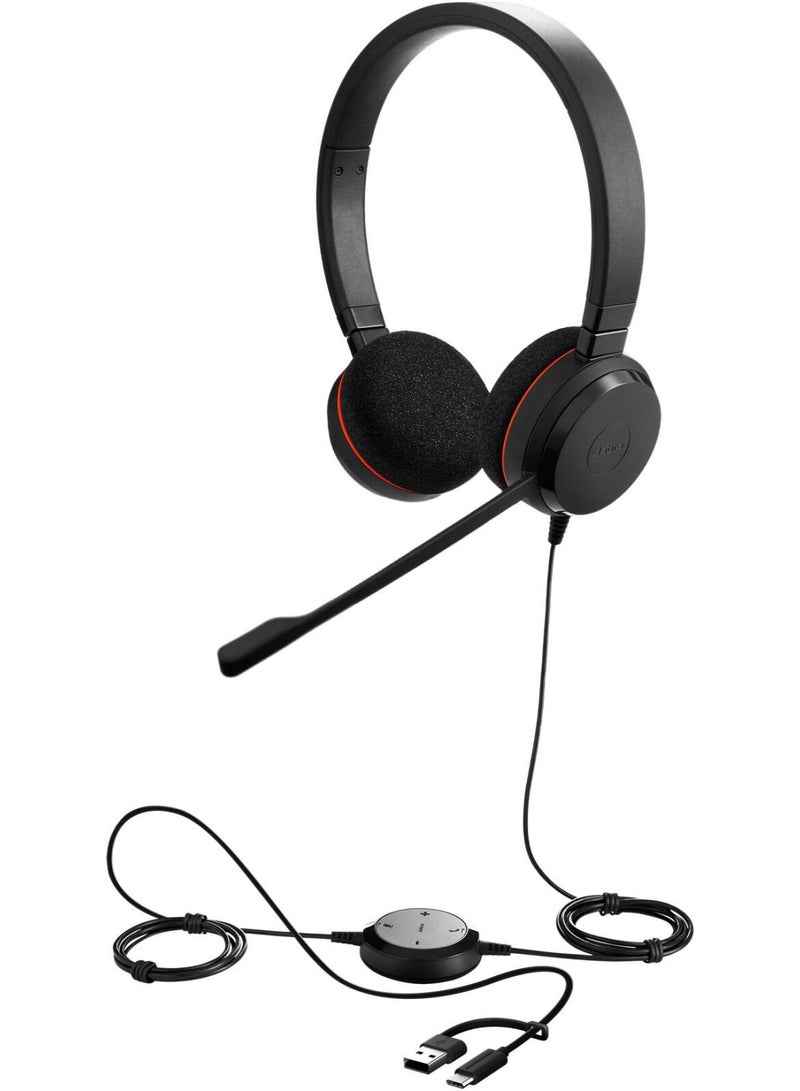 جابرا سماعة رأس سلكية ستيريو Jabra Evolve 20 UC، مكبرات صوت 28 مم، عزل صوتي سلبي، ميكروفون مزود بإلغاء الضوضاء، تحكمات مكالمات في السلك (كتم/حجم/رد)، وسائد أذن من الفوم، حزام رأس قابل للتعديل، توصيل USB-A و USB-C، كابل بطول 2.15م | 4999-829-269 - Image 2