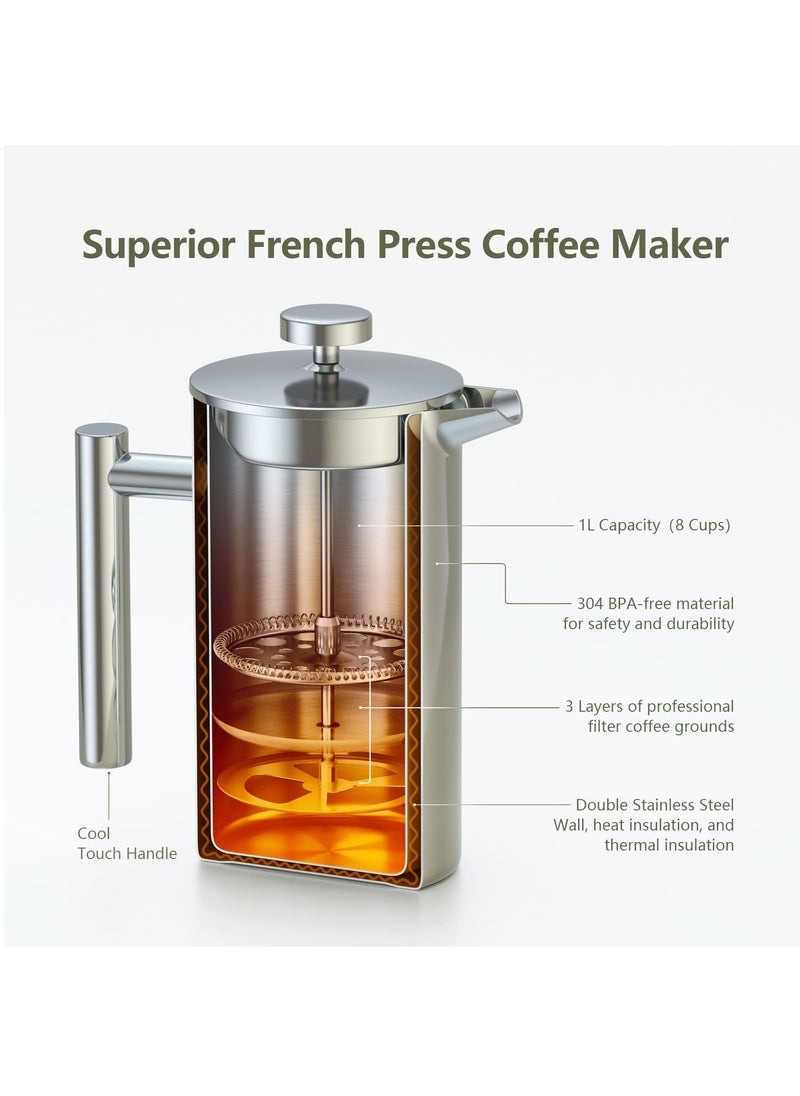 Hihonor French Press Thermo, 1L (8 Coffee Cups) French Press Stainless Steel Coffee Maker with 3 Filters and Insulated Double-Walled for Perfect Coffee Enjoyment. Ideal Coffee Press for Home, Office  - Image 2