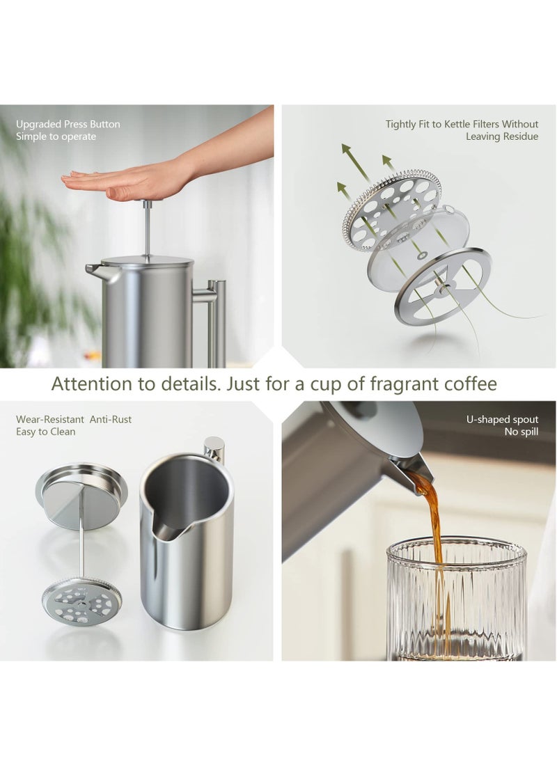 Hihonor French Press Thermo, 1L (8 Coffee Cups) French Press Stainless Steel Coffee Maker with 3 Filters and Insulated Double-Walled for Perfect Coffee Enjoyment. Ideal Coffee Press for Home, Office  - Image 4
