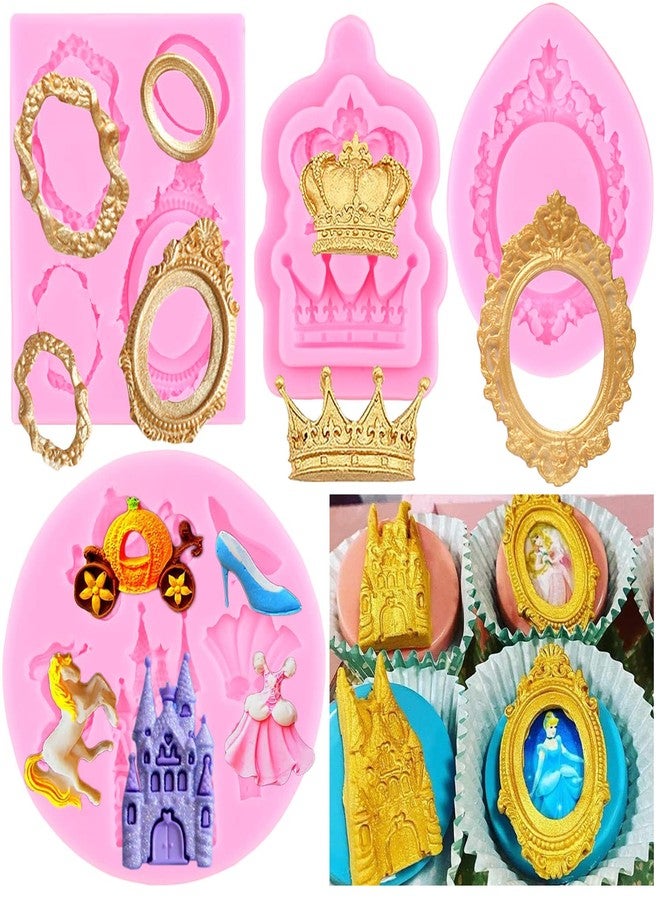 RFGHAC Picture Frames Silicone Mold Cinderella Fondant Mold Baroque Photo Frame Crown Castle Princess Dress Crystal Shoes Molds For Cake Decoration Cupcake Topper Candy Chocolate Gum Paste Set Of 4 - Image 1