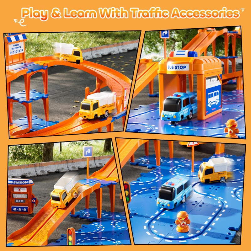 KIZONLY Puzzle Racer Kids Car Track Set, 4-Tier Race Tracks for Kids Ages 3-5 with 3 Cars, Traffic Parts, Trucks for Toddlers 2-4 Years, Floor Puzzle Tracks Car Gift for Boys Girls 3 4 5 Year Old - Image 4