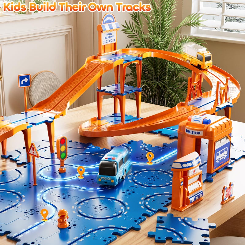 KIZONLY Puzzle Racer Kids Car Track Set, 4-Tier Race Tracks for Kids Ages 3-5 with 3 Cars, Traffic Parts, Trucks for Toddlers 2-4 Years, Floor Puzzle Tracks Car Gift for Boys Girls 3 4 5 Year Old - Image 5