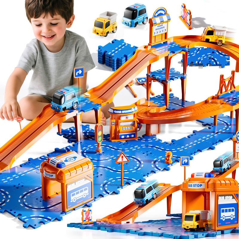 KIZONLY Puzzle Racer Kids Car Track Set, 4-Tier Race Tracks for Kids Ages 3-5 with 3 Cars, Traffic Parts, Trucks for Toddlers 2-4 Years, Floor Puzzle Tracks Car Gift for Boys Girls 3 4 5 Year Old - Image 1