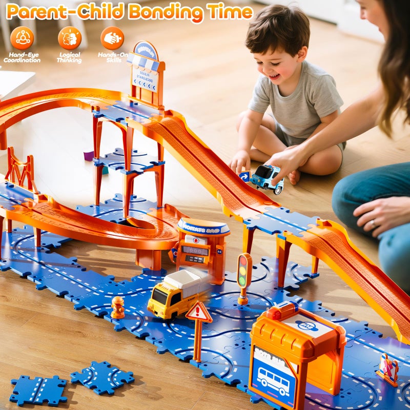 KIZONLY Puzzle Racer Kids Car Track Set, 4-Tier Race Tracks for Kids Ages 3-5 with 3 Cars, Traffic Parts, Trucks for Toddlers 2-4 Years, Floor Puzzle Tracks Car Gift for Boys Girls 3 4 5 Year Old - Image 3