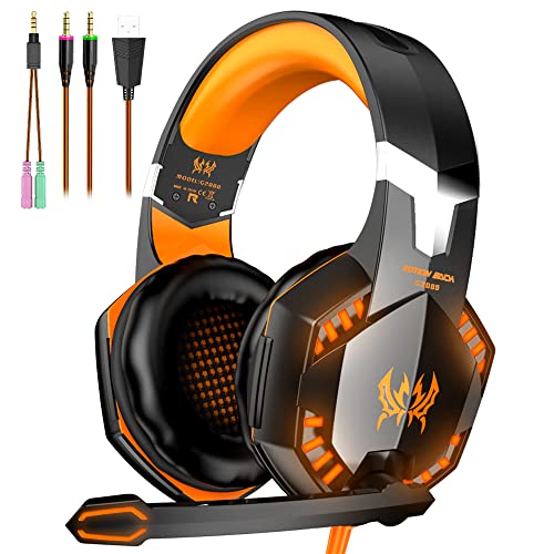 VersionTECH. G2000 Gaming Headset, Bass Surround Gaming Headphones with Noise Cancelling Mic, LED Lights, Soft Memory Earmuffs for PS5/ PS4/ Xbox One Controller/Laptop/PC/Mac/Nintendo NES Games-Yellow - Image 1