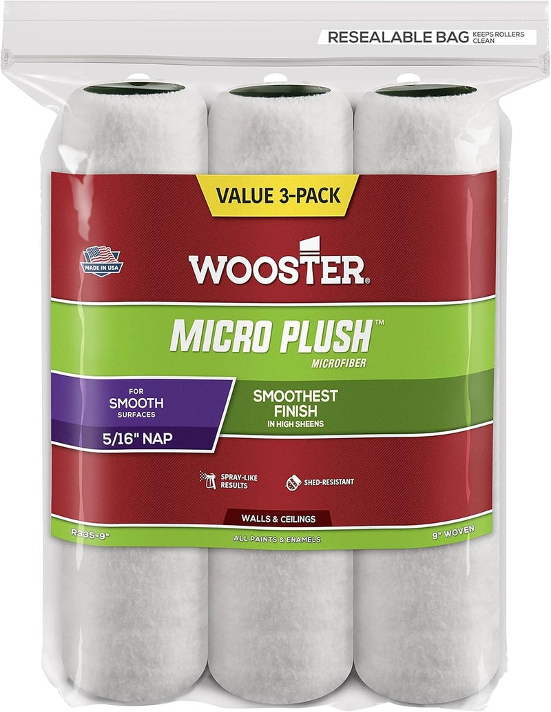 R335-9 Micro Plush Roller Cover with 5/16" Nap (3 Pack), 9 inches, White