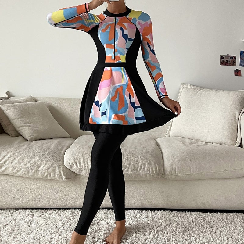 Muslim Swimsuit Random Graphic Printed Conservative Full-Surround Swimsuit Three-Piece Long-Sleeved Suit Short Trousers - Image 3