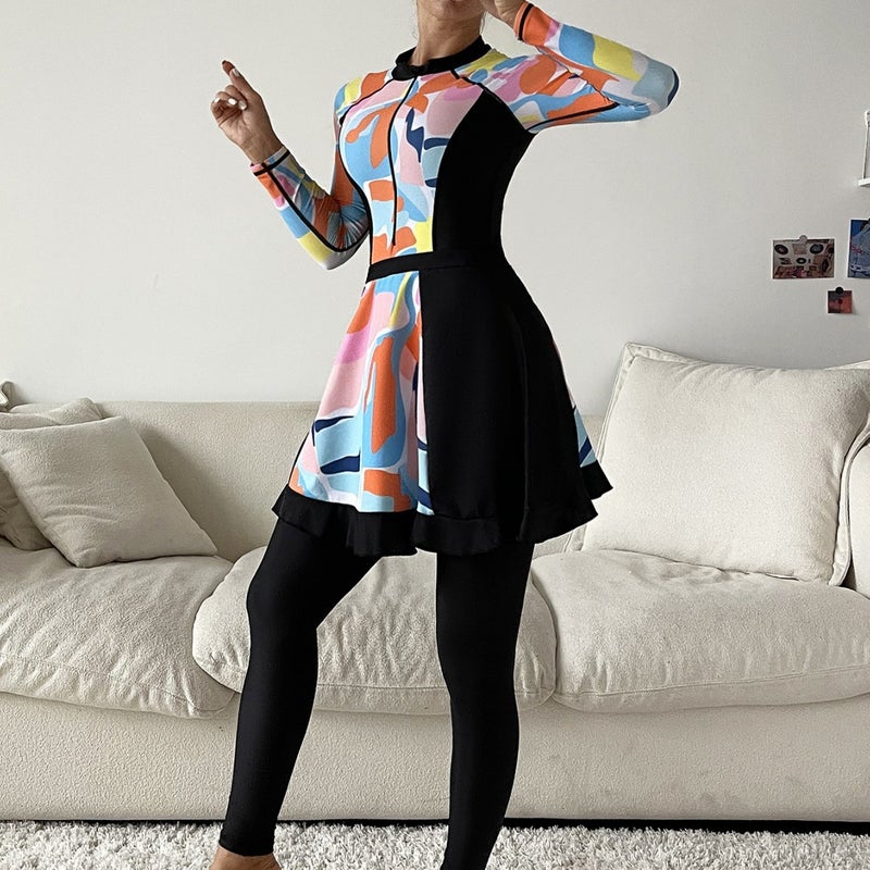 Muslim Swimsuit Random Graphic Printed Conservative Full-Surround Swimsuit Three-Piece Long-Sleeved Suit Short Trousers - Image 5