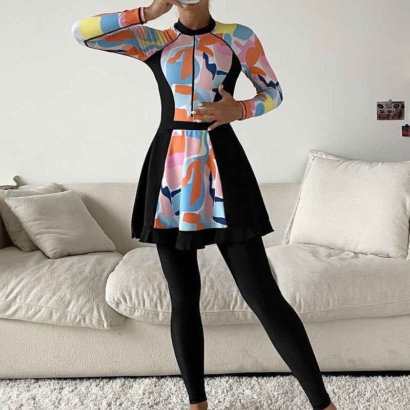 Muslim Swimsuit Random Graphic Printed Conservative Full-Surround Swimsuit Three-Piece Long-Sleeved Suit Short Trousers - Image 4