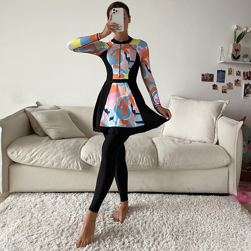 Muslim Swimsuit Random Graphic Printed Conservative Full-Surround Swimsuit Three-Piece Long-Sleeved Suit Short Trousers - Image 2