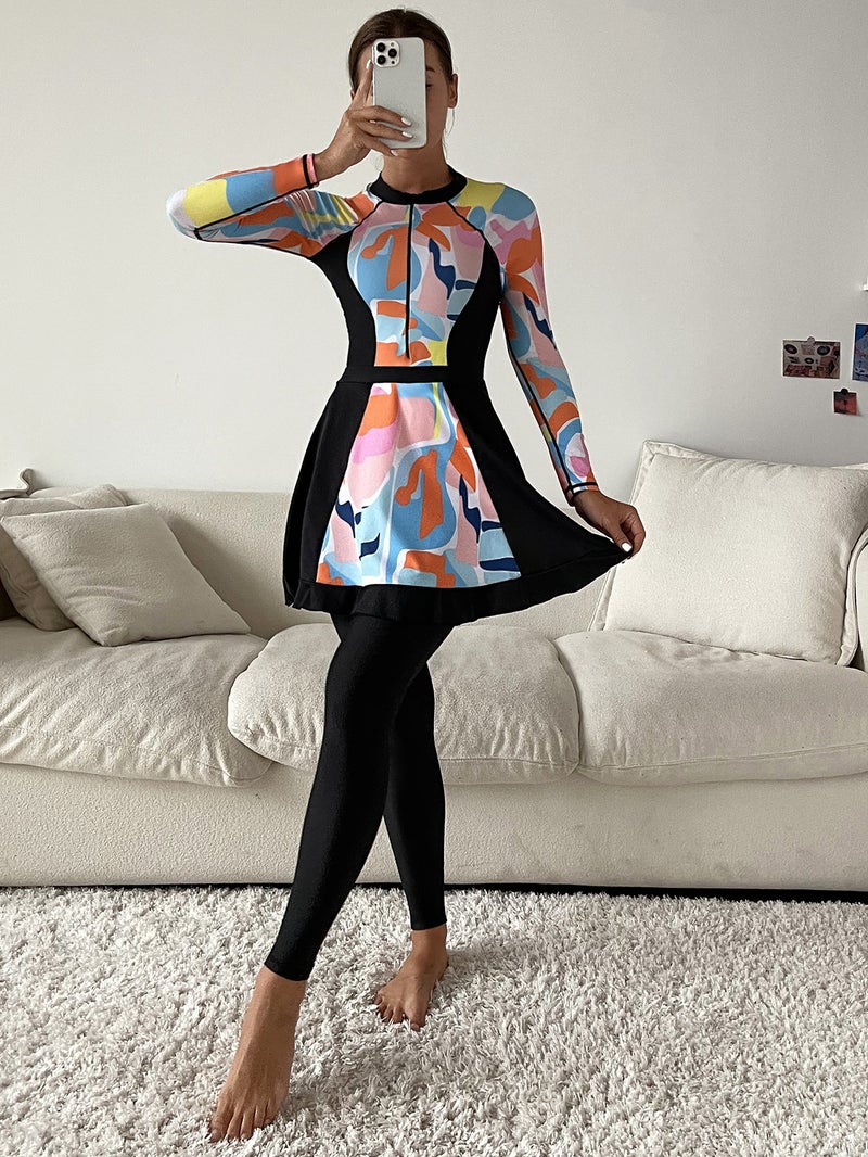 Muslim Swimsuit Random Graphic Printed Conservative Full-Surround Swimsuit Three-Piece Long-Sleeved Suit Short Trousers - Image 1