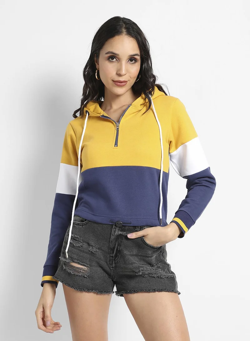 Campus Sutra Women's Multicolour Zip-Front Hoodie With Contrast Panels