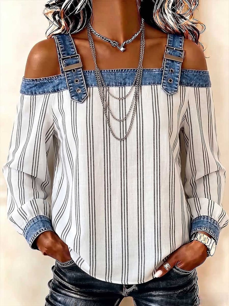 Women's Off-Shoulder Long Sleeve Blouse with Tie Straps