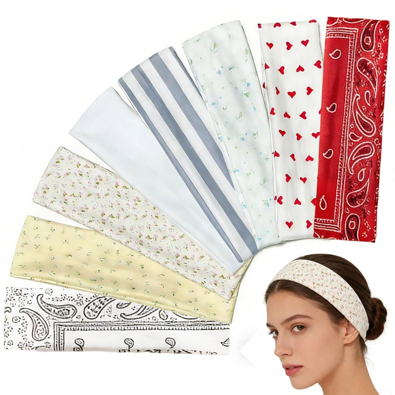 HOLAILS Floral Headbands for Women, Trendy Floral Hair Bands for Women's Hair Fashion: 8Pcs Soft Stretchy Hair Hoops, Head Wraps to Cover Hairline Hide Roots, Elastic Hair Accessories 6x23cm - Image 1