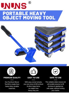 UNUNS Furniture Moving Tools,5-Piece Heavy Duty Furniture Lifter, 360 Degree Rotatable Rubber Roller,For Moving Heavy Furniture,Refrigerators,Sofas,Cabinets,Blue  - Image 4