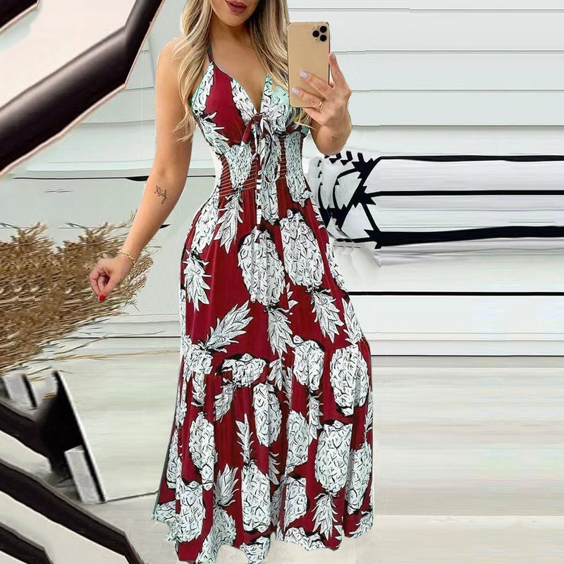 Women's High Waist Print Maxi Dress Deep V Neck Halter Sling Dress - Image 1