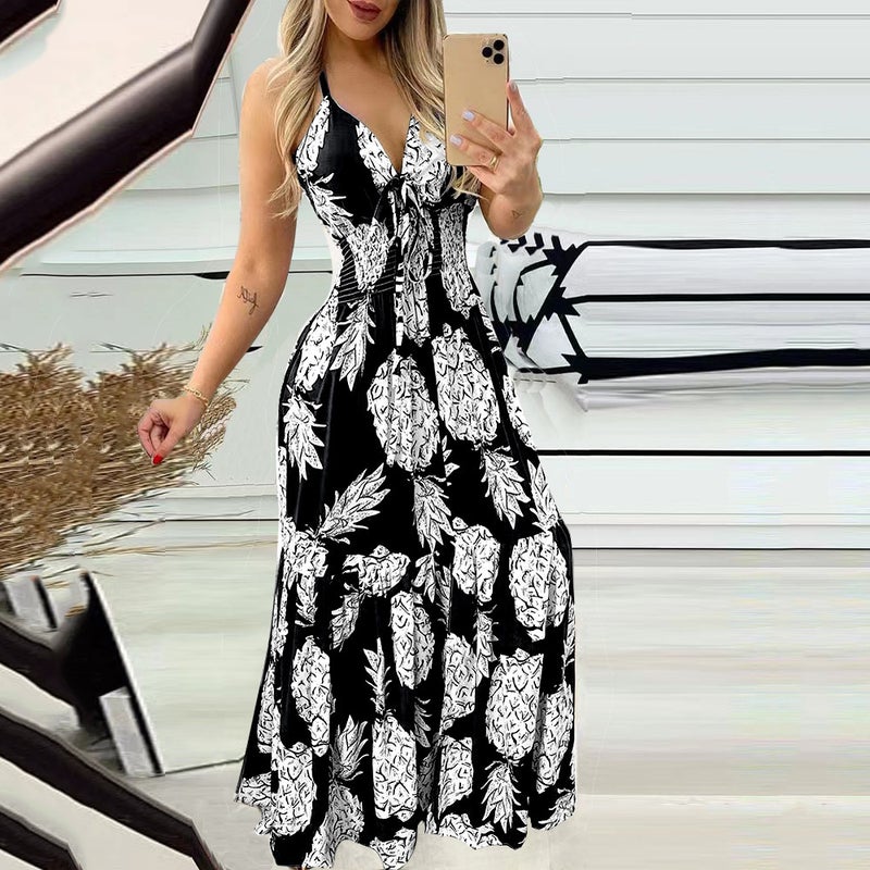 Women's High Waist Print Maxi Dress Deep V Neck Halter Sling Dress - Image 2