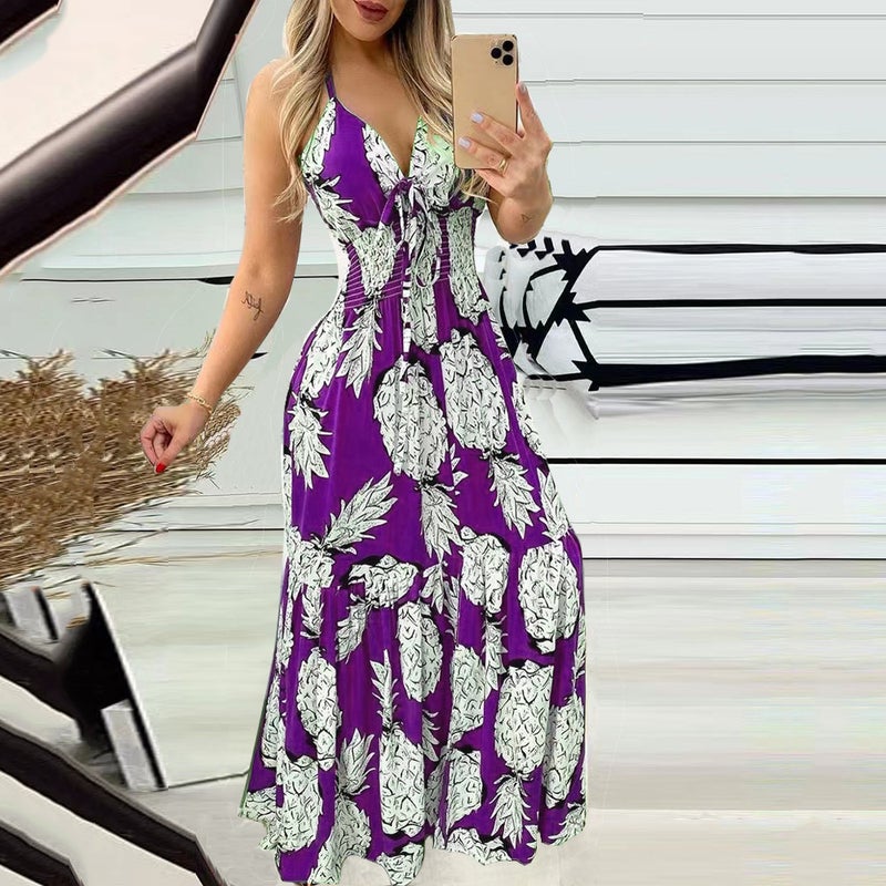 Women's High Waist Print Maxi Dress Deep V Neck Halter Sling Dress - Image 3