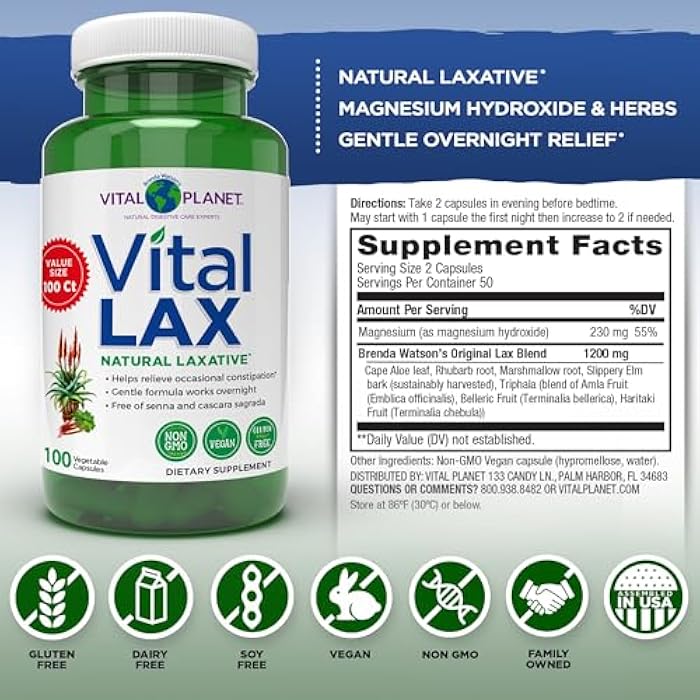Vital Planet - Vital Lax Natural Laxative Cleanse Supplement for Occasional Constipation, with Magnesium Hydroxide, Slippery Elm, Aloe, and Triphala to Support Bowel Regularity 100 Capsules - Image 2