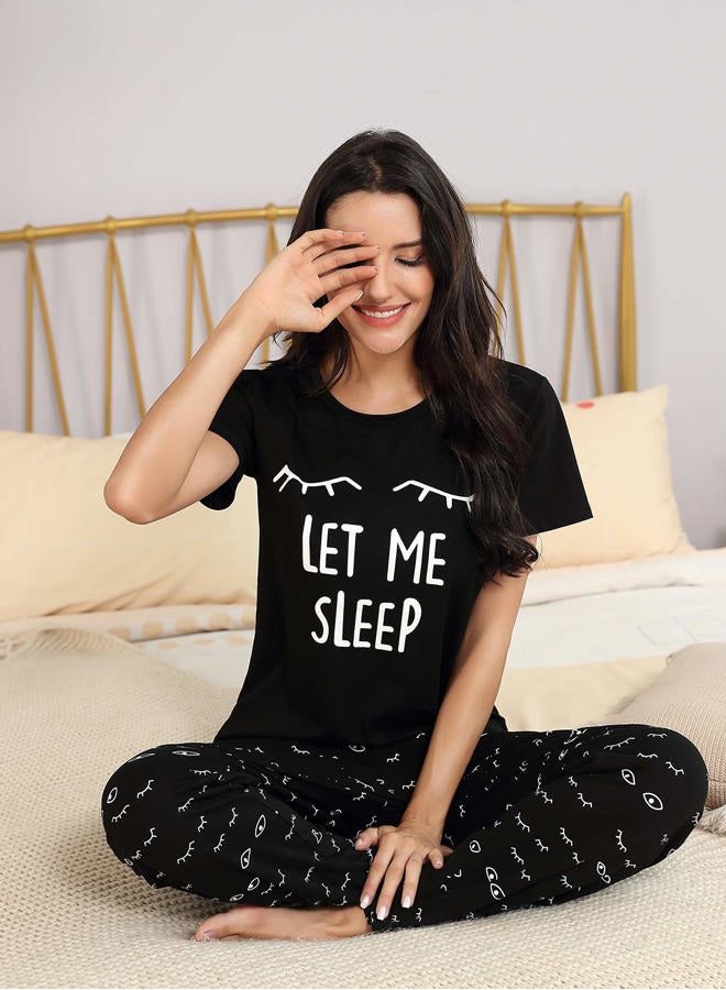 EISHOPEER Women's Pajama Set Cute Printed Short Sleeve Top and Long Pants Sleepwear Pjs Sets, A -Black Eye, M - Image 4