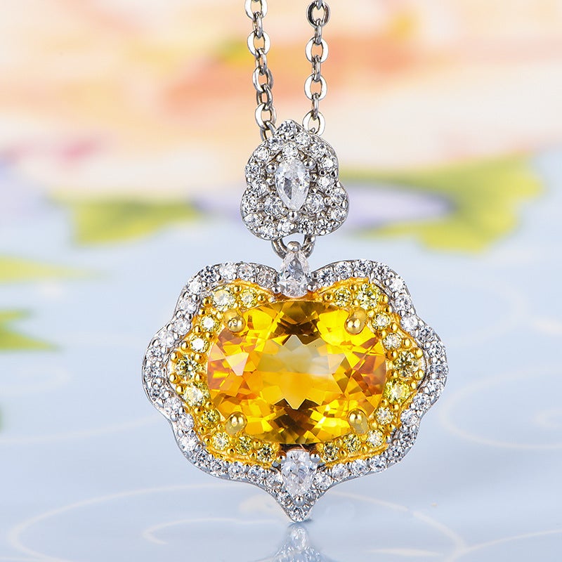 Generic Imitation Natural Citrine Pendant Womens Gold Plated Double Color Japanese and Korean Fashion Collarbone Yellow Diamond Gem Necklace Lucky Transfer Main stone approx. 8x 10 [without chain]]