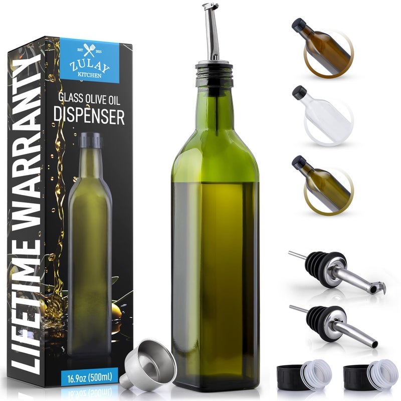 Zulay Kitchen 17oz Olive Oil Dispenser Bottle â€“ Glass Oil Cruet with Spout, Funnel & Pourers, Easy-Pour Decanter for Kitchen Cooking and Serving (Green) - Image 1