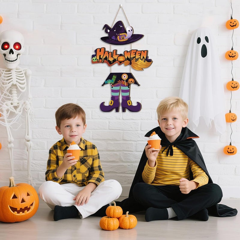 Aurlan Halloween Witch Legs Hat Wooden Hanging Sign, Trick Or Treat Door Decor, Spooky Ghost Decor, 11.42X11.42 inch, Wood - Image 2