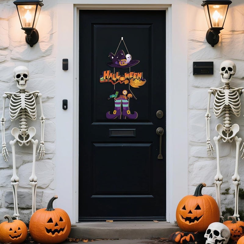 Aurlan Halloween Witch Legs Hat Wooden Hanging Sign, Trick Or Treat Door Decor, Spooky Ghost Decor, 11.42X11.42 inch, Wood - Image 3