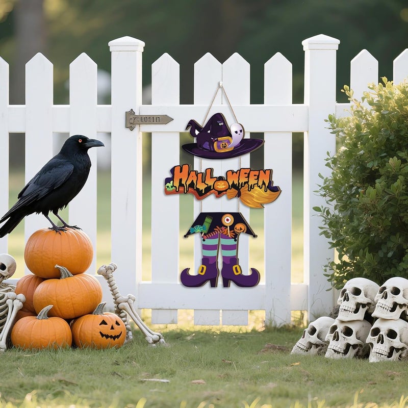Aurlan Halloween Witch Legs Hat Wooden Hanging Sign, Trick Or Treat Door Decor, Spooky Ghost Decor, 11.42X11.42 inch, Wood - Image 4