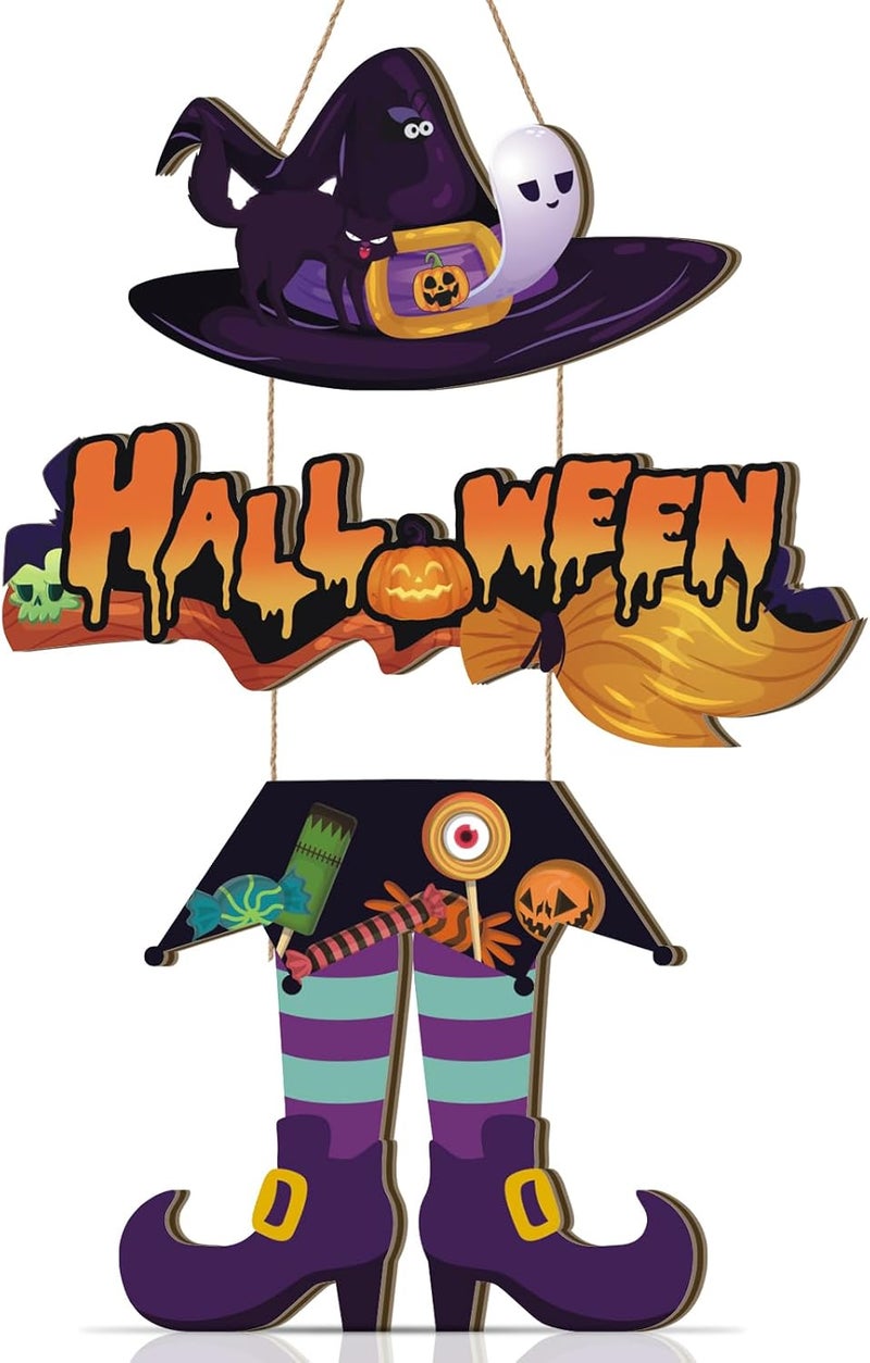 Aurlan Halloween Witch Legs Hat Wooden Hanging Sign, Trick Or Treat Door Decor, Spooky Ghost Decor, 11.42X11.42 inch, Wood - Image 1