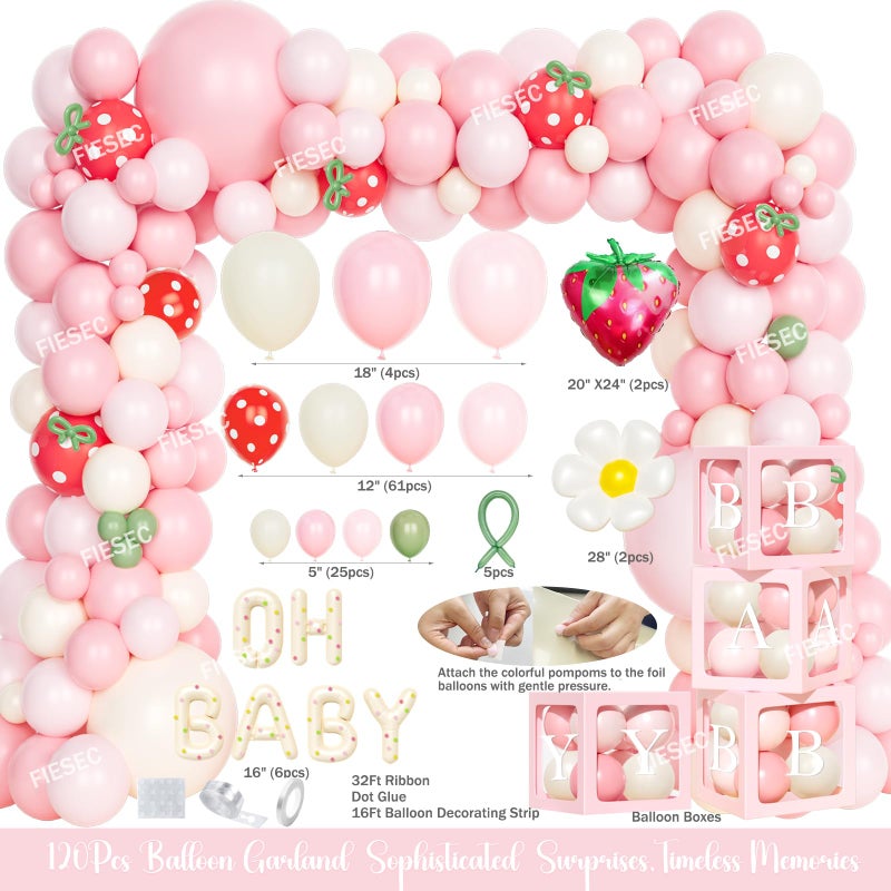 Fiesec Strawberry Baby Shower Decorations, 140 PCs - Berry Sweet Baby Shower Party Supplies with A Berry Is on the Way Backdrop Balloon, Box, Mom to Be Sash, Tablecloth, Cake Topper - Image 3