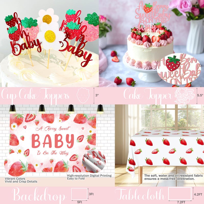 Fiesec Strawberry Baby Shower Decorations, 140 PCs - Berry Sweet Baby Shower Party Supplies with A Berry Is on the Way Backdrop Balloon, Box, Mom to Be Sash, Tablecloth, Cake Topper - Image 4