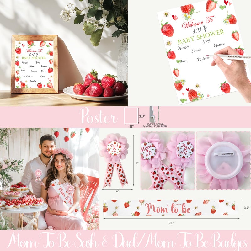 Fiesec Strawberry Baby Shower Decorations, 140 PCs - Berry Sweet Baby Shower Party Supplies with A Berry Is on the Way Backdrop Balloon, Box, Mom to Be Sash, Tablecloth, Cake Topper - Image 5