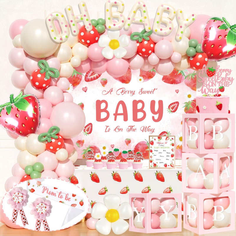Fiesec Strawberry Baby Shower Decorations, 140 PCs - Berry Sweet Baby Shower Party Supplies with A Berry Is on the Way Backdrop Balloon, Box, Mom to Be Sash, Tablecloth, Cake Topper - Image 1