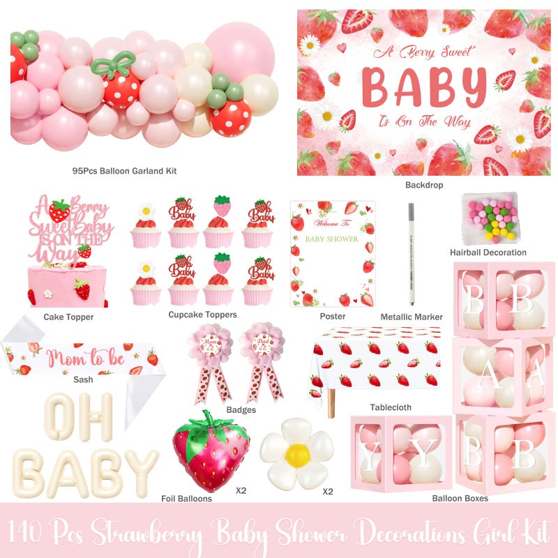Fiesec Strawberry Baby Shower Decorations, 140 PCs - Berry Sweet Baby Shower Party Supplies with A Berry Is on the Way Backdrop Balloon, Box, Mom to Be Sash, Tablecloth, Cake Topper - Image 2