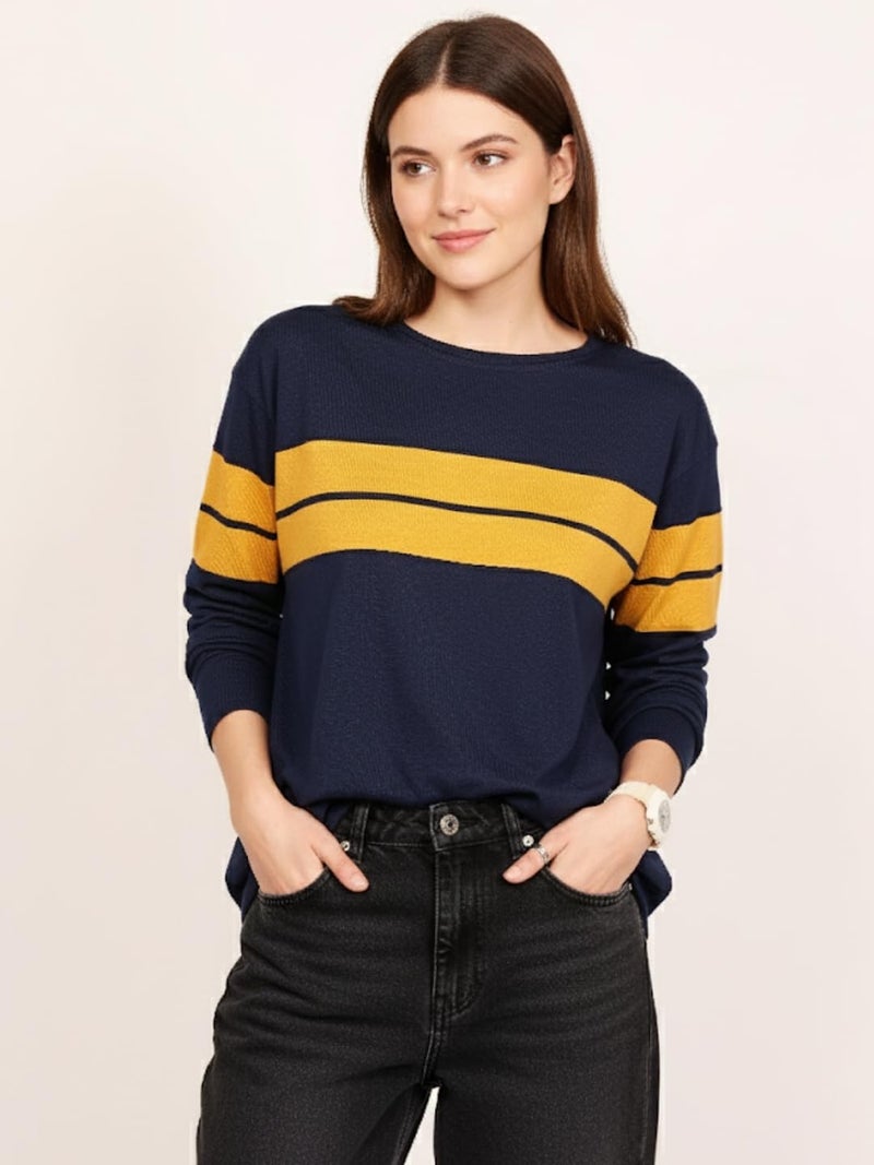 LEOTUDE Womens Full Sleeve Regular Loose Fit Round Neck Colourblocked Cottonblend Casual Wear Tshirts Tops for Woman (GRL_18_Navy_P_Navy Blue_S) - Image 3