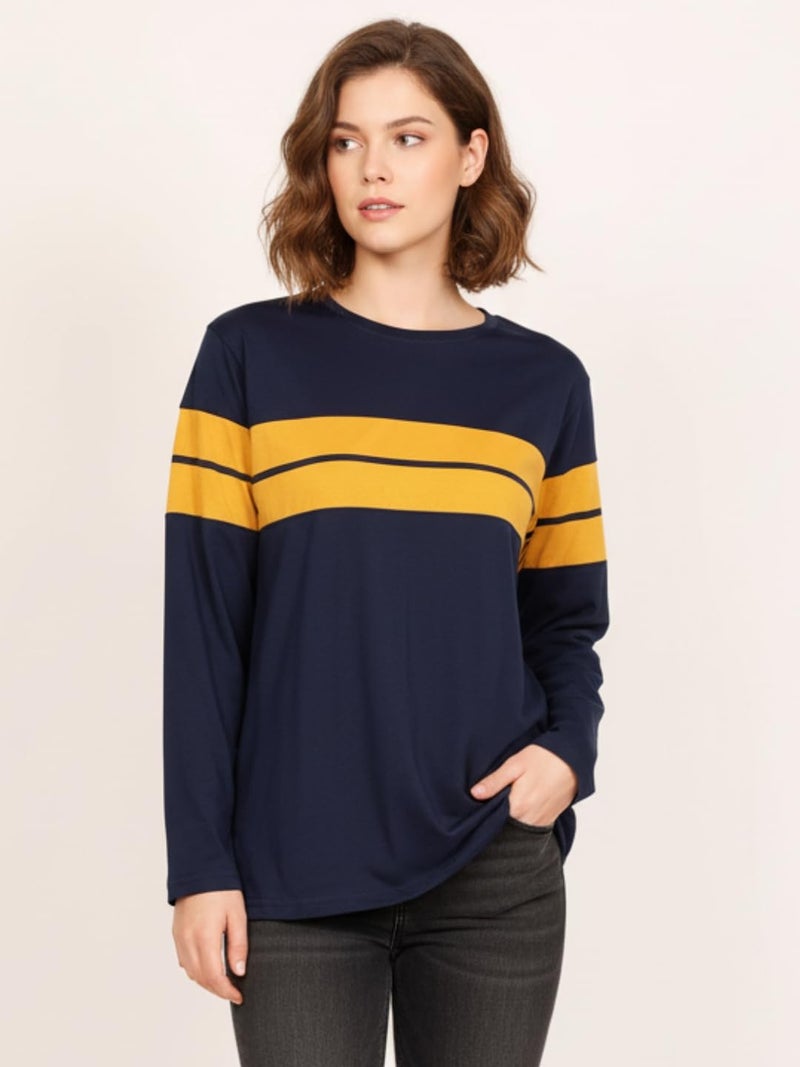 LEOTUDE Womens Full Sleeve Regular Loose Fit Round Neck Colourblocked Cottonblend Casual Wear Tshirts Tops for Woman (GRL_18_Navy_P_Navy Blue_S) - Image 2