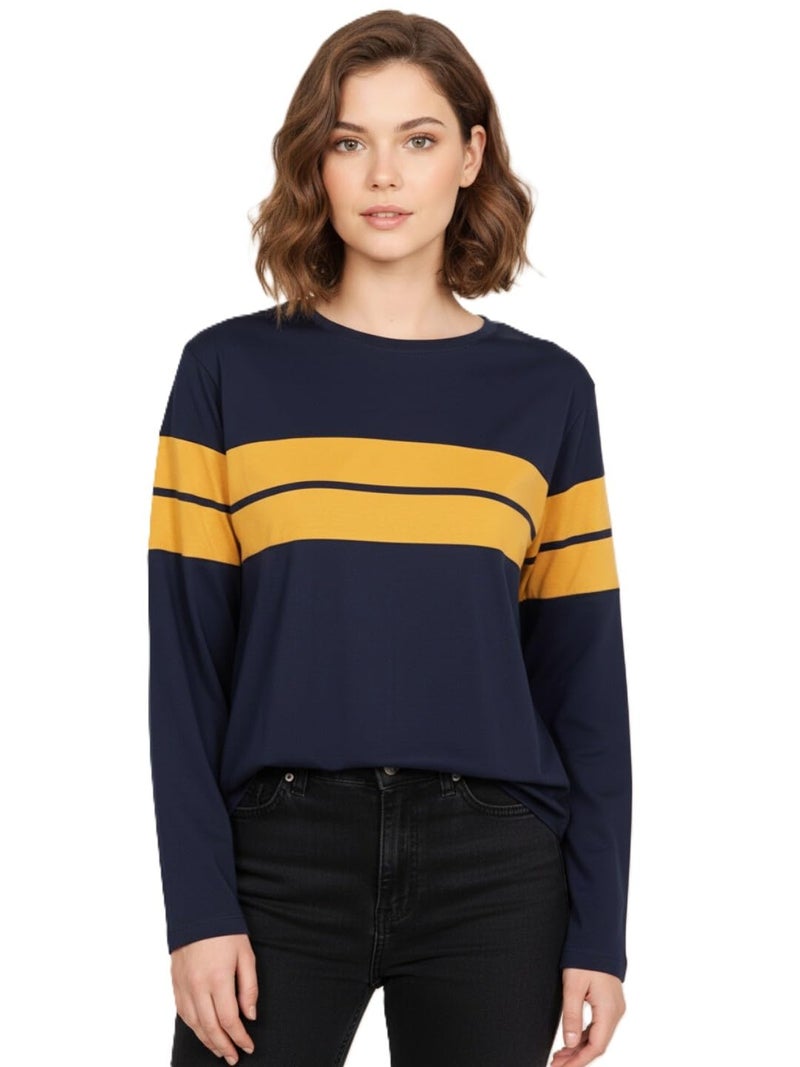LEOTUDE Womens Full Sleeve Regular Loose Fit Round Neck Colourblocked Cottonblend Casual Wear Tshirts Tops for Woman (GRL_18_Navy_P_Navy Blue_S) - Image 1