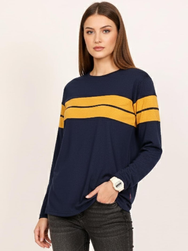LEOTUDE Womens Full Sleeve Regular Loose Fit Round Neck Colourblocked Cottonblend Casual Wear Tshirts Tops for Woman (GRL_18_Navy_P_Navy Blue_S) - Image 4