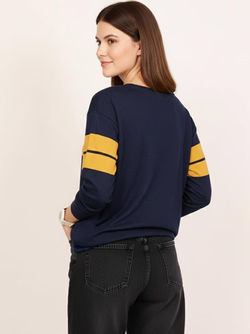 LEOTUDE Womens Full Sleeve Regular Loose Fit Round Neck Colourblocked Cottonblend Casual Wear Tshirts Tops for Woman (GRL_18_Navy_P_Navy Blue_S) - Image 5