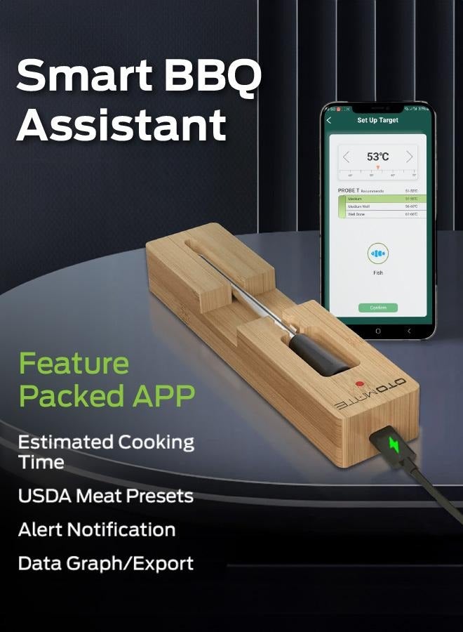 OTOMATE Barbecue bluetooth Meat Thermometer with long range bluetooth 165ft - waterproof probe - wooden base + Type C charging Cable - Free IOS, Android APP - Image 5