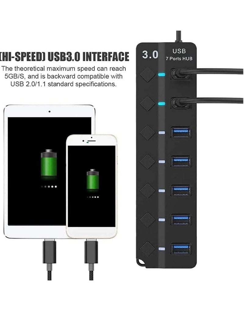 7-Port USB 3.0 Hub with Individual Power Switches and Lights, High-Speed Data Hub Splitter Portable USB Extension Hub for PC Laptop and More (No Power Adapter)