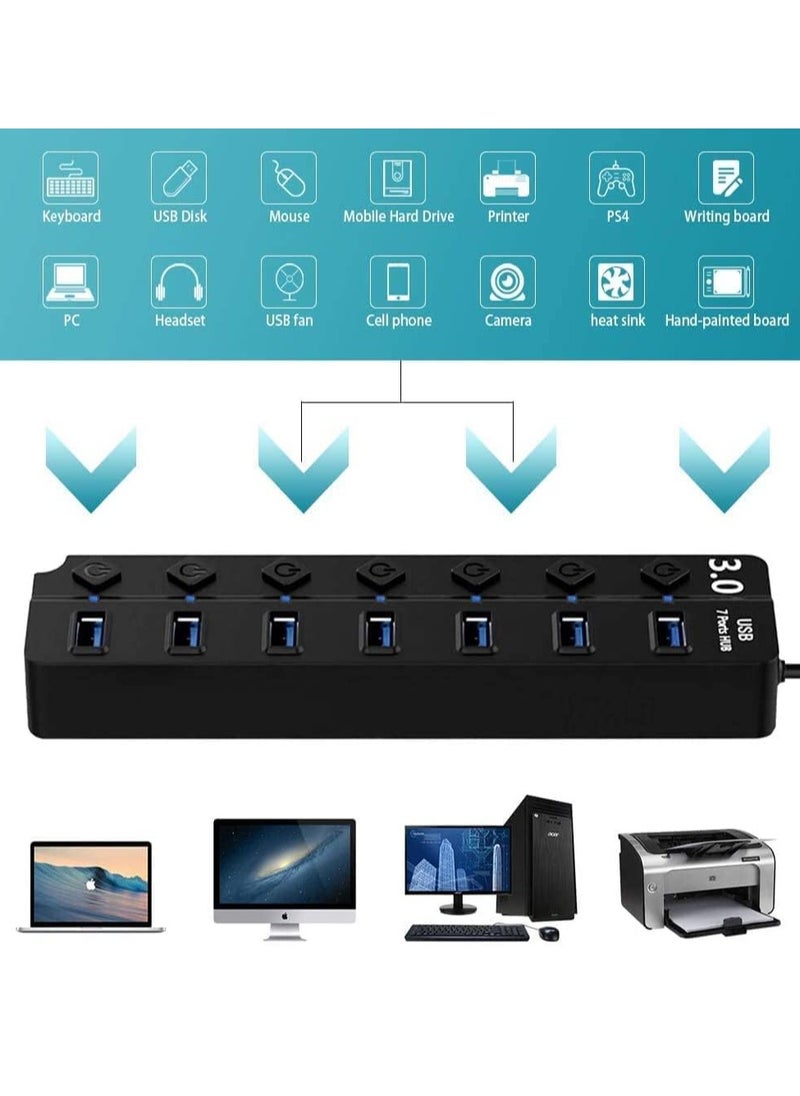 7-Port USB 3.0 Hub with Individual Power Switches and Lights, High-Speed Data Hub Splitter Portable USB Extension Hub for PC Laptop and More (No Power Adapter)