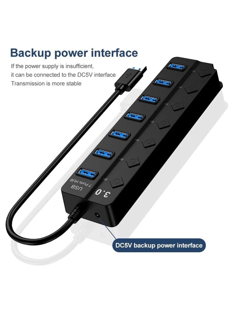 7-Port USB 3.0 Hub with Individual Power Switches and Lights, High-Speed Data Hub Splitter Portable USB Extension Hub for PC Laptop and More (No Power Adapter)