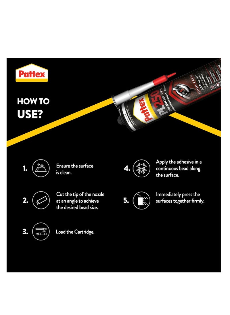 Pattex PL250 Premium Fix, High Quality Mounting Adhesive, Heavy Duty Adhesive for All Substrates, Flexible And Powerful Polymer Based Construction Adhesive & General Purpose Silicone-440g White  - Image 3