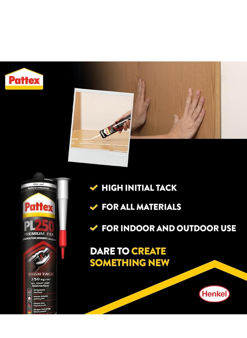 Pattex PL250 Premium Fix, High Quality Mounting Adhesive, Heavy Duty Adhesive for All Substrates, Flexible And Powerful Polymer Based Construction Adhesive & General Purpose Silicone-440g White  - Image 2