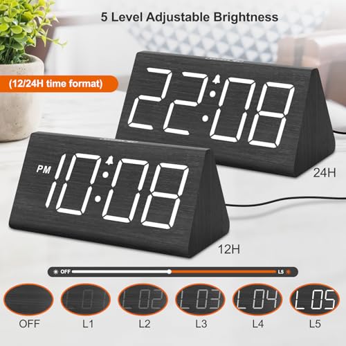 DreamSky Wooden Digital Alarm Clocks for Bedrooms - Electric Desk Clock with Large Numbers, USB Port, Loud Alarm for Heavy Sleepers, Adjustable Volume, Dimmer, DST, Wood Décor Gifts, Adapter Powered - Image 4