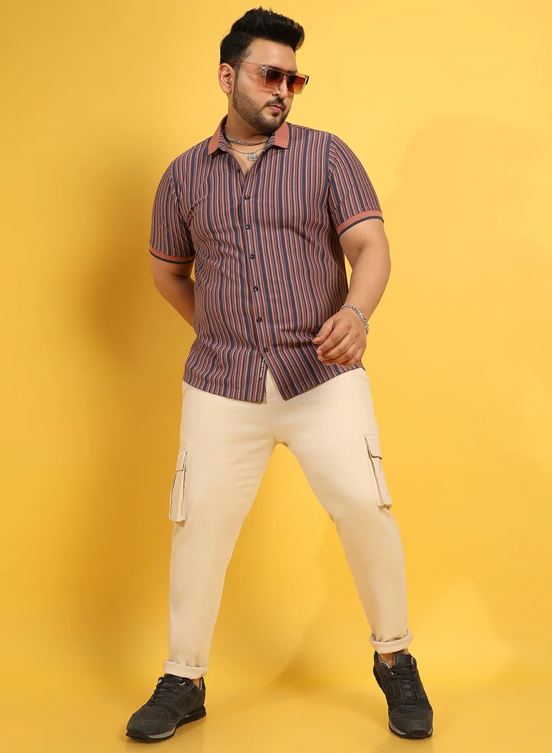انستافاب بلس Instafab Plus Men's Brown & Blue Contrast Knitted Shirt For Casual Wear | Spread Collar | Short Sleeve | Button Closure | Cotton Shirts Crafted With Comfort Fit For Everyday Wear