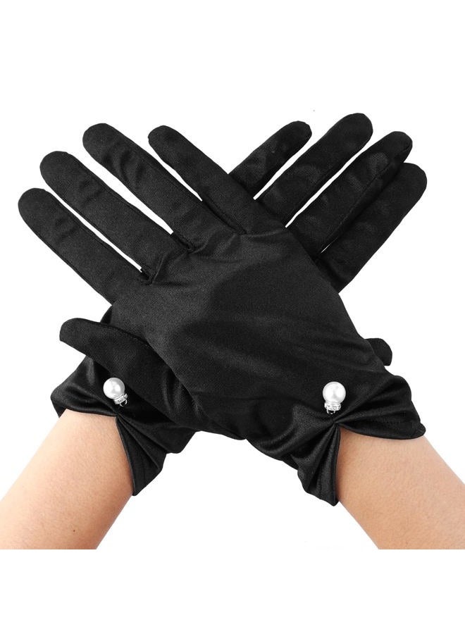 Yolev Short Satin Gloves - Wrist Length Women's Gown Opera Gloves for Wedding, Banquet, Dress Party (Black) - Image 1