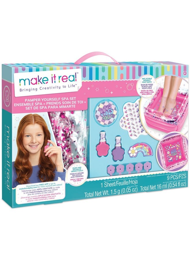 Make It Real Pamper Yourself Spa Set 9 Pcs Inflatable Sparkly Foot Bath & Accessories Nail Polish & Art Tweens Girls & Kids Ages 8+  - Image 1